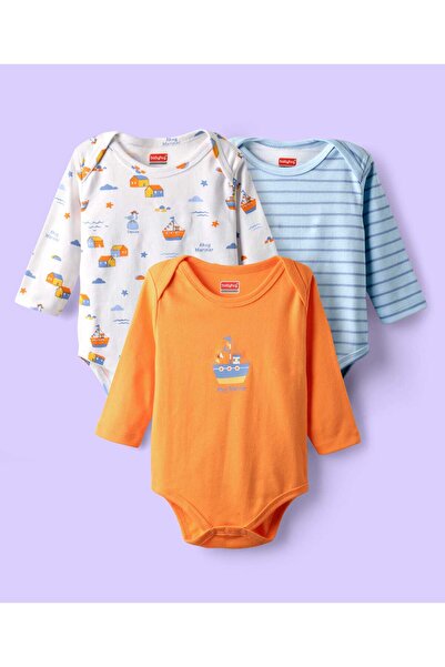 Babyhug 100% Cotton Knit Full Sleeves Onesies with Stripes & Nautical Print (...