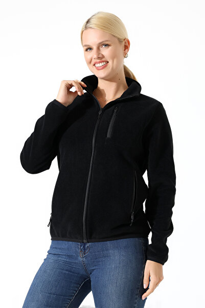 BEDUCA Black Women's Zippered, Pocketed Anti-Pilling Fleece Cardigan - Super ...