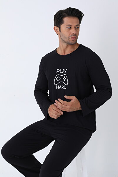 Huq Moda Erkek Siyah Uzun Kollu Pijama Takımı – Play Hard Baskılı Rahat Kalıp Ev Giyim