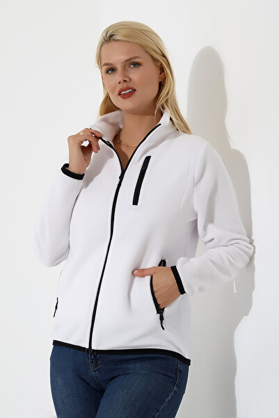 BEDUCA White Women's Zippered, Pocketed Anti-Pilling Fleece Cardigan - Super ...
