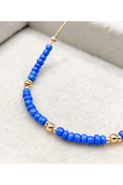 JewAksesuar Steel Blue Beaded Gold Color Anklet