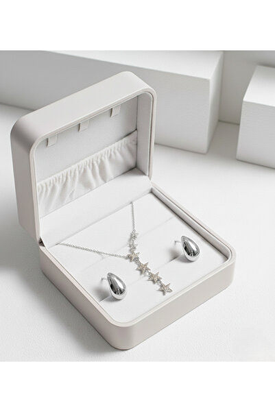 Ervalina Kayan Yıldız Kolye Gümüş ve Su Damlası Küpe Set Özel Gün Sevgililer ...