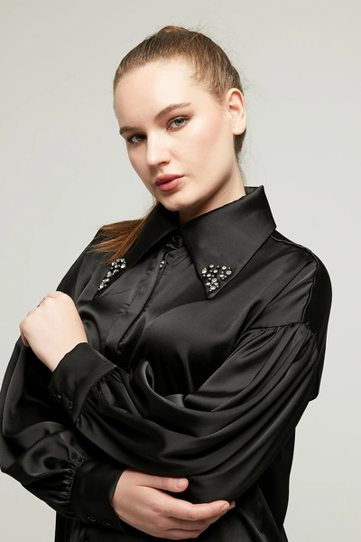 SHEVOLA Kadın Yakası Taşlı Saten Gömlek