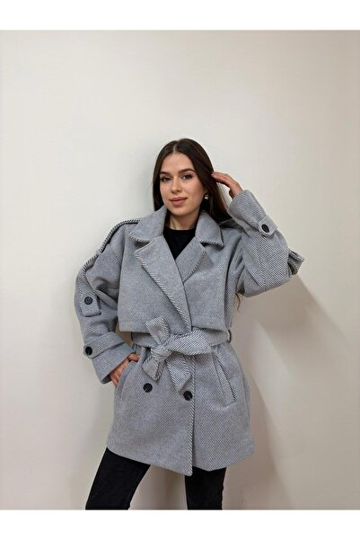 Nazline Brown Cream Color Fish Back Patterned Oversize Standard Size Lined Short Coat