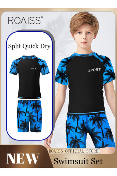 ROAISS مجموعة ملابس سباحة للأولاد من قطعتين سروال سباحة للأطفال الصغار ملابس سباحة سريعة الجفاف للأطفال قصيرة