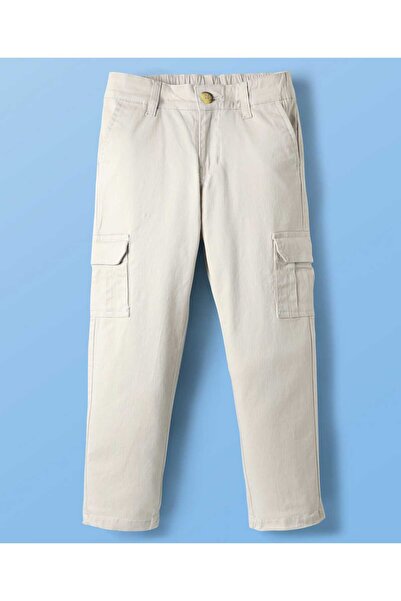 Pine kids بنطال قطني منسوج طويل سادة مع جيوب جانبية - أبيض