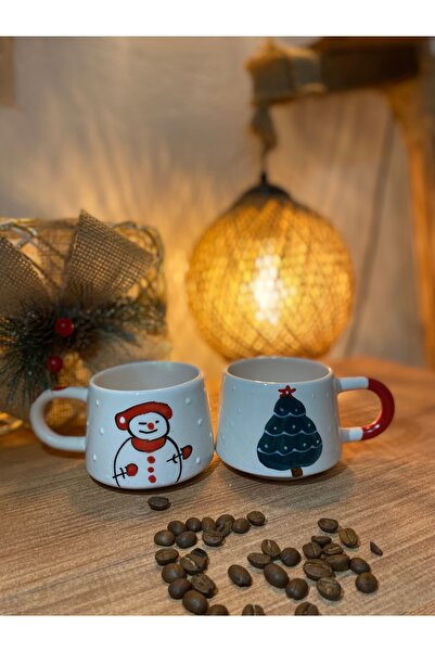 Kütahya Hedef Çini İkili El yapımı Yılbaşı temalı seramik kupa