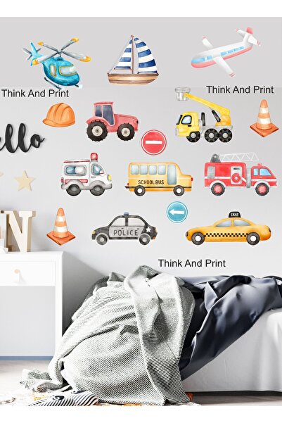Think And Print Αυτοκόλλητο τοίχου για παιδικό δωμάτιο με μικρά οχήματα, αυτο...