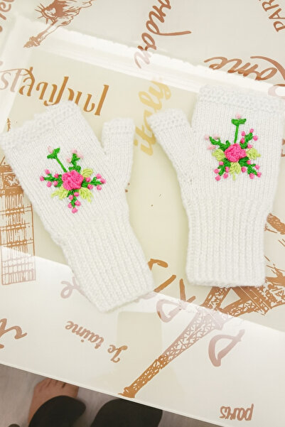 diğerr1 Fingerless White Icicek Embroidered Gloves
