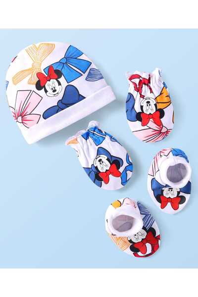 Babyhug Disney طقم قفازات وقبعات محبوكة متشابكة مع رسومات ميني ماوس - أبيض