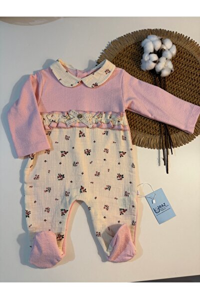 UrazBebe Kız Bebek Tulum Çiçek Desenli Yakalı Uzun Kollu Bej Bebek Tulumu