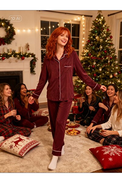 NiCe İç Giyim طقم بيجامة من قماش المخمل الناعم بلون البرقوق