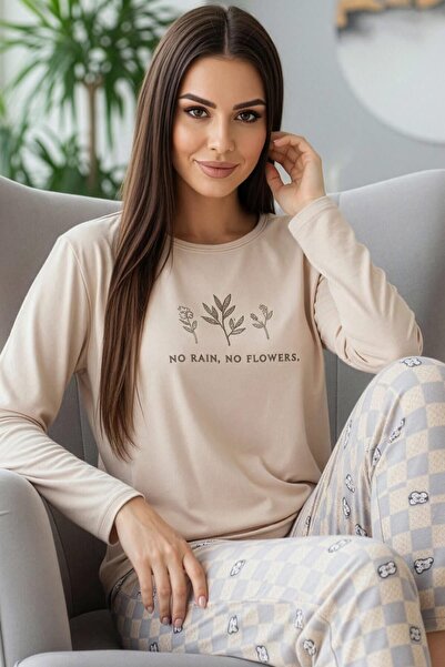 Pijamaevi طقم بيجامة نسائية منسوجة من الخيزران بأكمام طويلة ونقشة زهور بيج