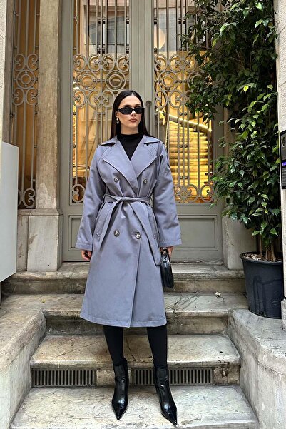 My Loore Women's Gray Bondit Fabric Waterproof Trench Coat |   Belted Mlb127