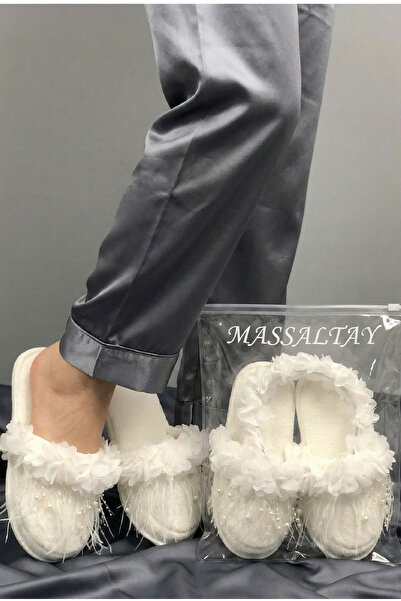 Massaltay White Feathered Pearled Maternity Slippers and Floral Crown