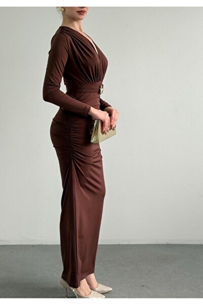 khar Long Dress with Belt and Gathered Detail