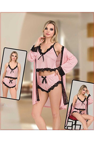 ZAVERA WOMAN طقم بيجامة نسائي مكون من 3 قطع بتفاصيل دانتيل - 100% قطن - طقم روب صباحي