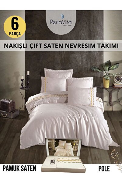 Dantela POLE Nakışlı Çift Kişilik Pamuk Saten Nevresim Takımı 6 parca