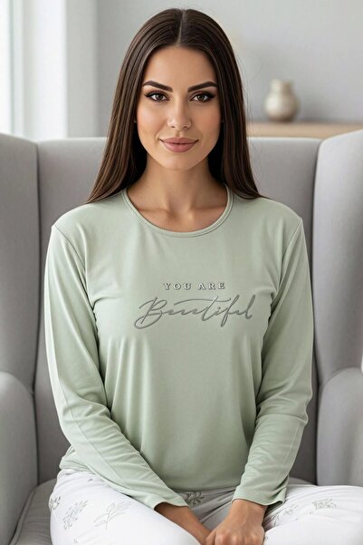 Pijamaevi Mint Beautiful Patterned Long Sleeve Bamboo Knitted Women's Pajama Set