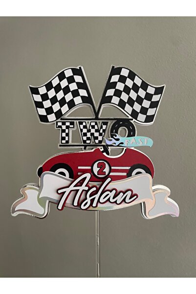 wenucapartyshop Yarış Arabası Temalı 2 Yaş Doğum Günü Pasta Süsü | Kişiye Özel İsimli Two Fast Cake Topper |