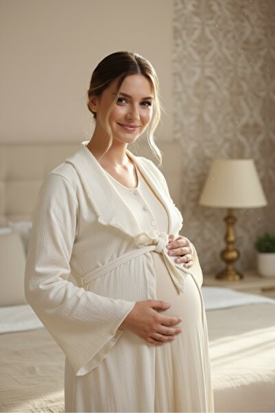 Lohusa Homewear Women's Beige Jacquard Full Length Shawl Collar Short Sleeve Maternity Nightgown Nightdress 2-Piece Set