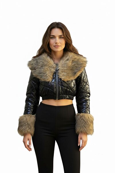 gardiant Kadın Parlak Kapitone Kumaş Yaka ve Kol Kürk Detaylı Şık Kışlık Crop...