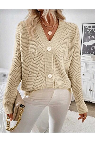 EKİN DEMİR V-Neck Buttoned Diamond Pattern Woven Detailed Long Sleeve Knitwear Cardigan