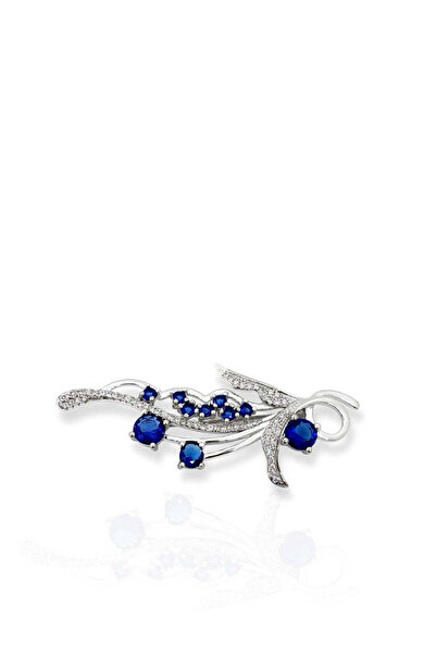 oya silver Safir Zirkon Zarif Yaprak Dalı Gümüş Broş 5x2.2cm [OYSYDB012]