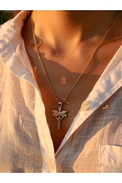 botanica Zirkon Taşlı Melek Kanatlı Haç Kolye – Gold Renk Çelik Kolye