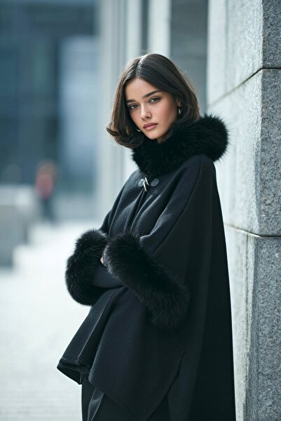 LAGRANZE Poncho cu guler de blană pentru femei Soft Glam