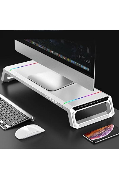 Saatistan RGB Işıklı Laptop Sehpası ve Mönitör Standı, 4 USB Hub, Telefon Tut...