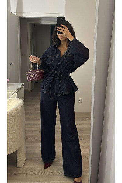 MoonliWear Set de pantaloni și jachetă cu curea din denim supradimensionat