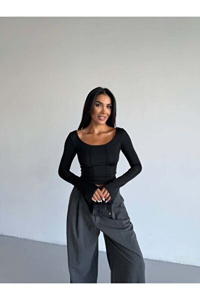 Freya Kadın Uzun Kollu Arkası Bağlamalı Fit Kesim Crop Bluz