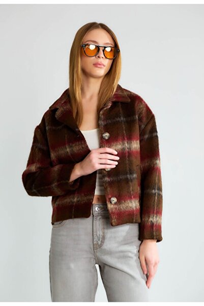 Robin D99832 Ekose Desenli Düğmeli Kadın Kısa Kaşe Mont
