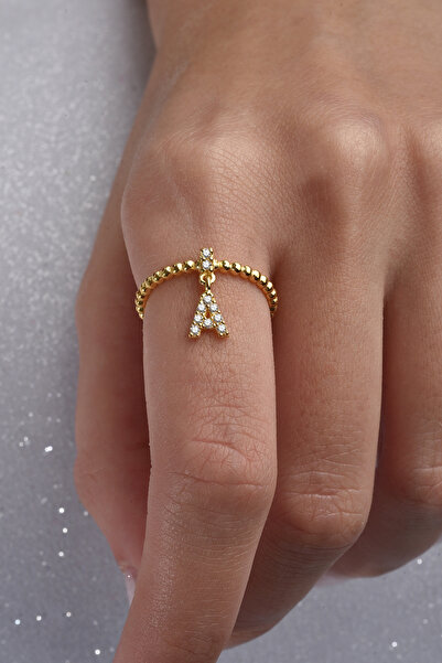 jelux silver Gümüş 925 Ayar Zirkon Taşlı A Harf Ayarlanabilir Gold Yüzük