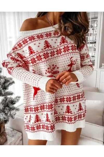 EKİN DEMİR Christmas Themed Deer Pine Tree Patterned Knitwear Tunic