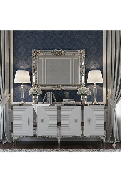 YUMEDİ DESİGN KA1801DBS - KEREM KONSOL, TV SEHPASI, ÇOK AMAÇLI DOLAP ve KAHVE KÖŞESİ 180cm SAFİRMEŞE-BEYAZ-SİLVER