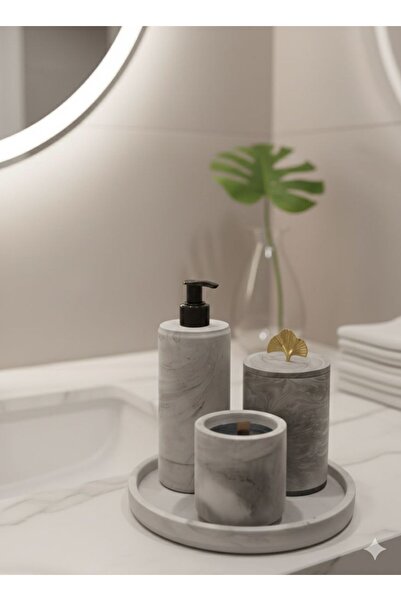 BeeCandleHome Gri Mermer Desenli Banyo Seti