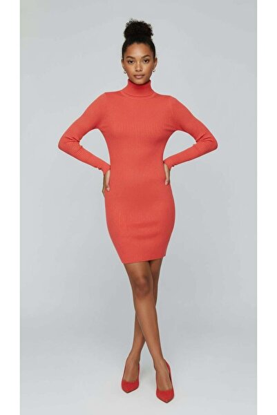 Miss Poem Half Turtleneck Corded Fabric Basic Women's Orange Knitwear Dress