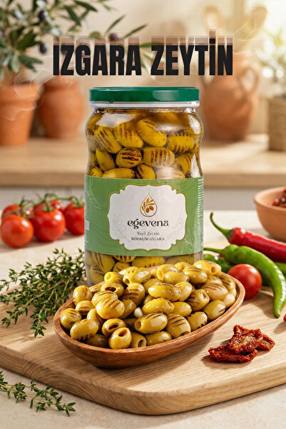 EGEVENA Bodrum Izgara Yeşil Zeytin 850g (Net) 1000 g (Brüt) | Çekirdeksiz & Köz Tadında | Doğal Fermente