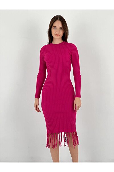 Miss Poem Women's Fuchsia Tassel Detailed Corded Fabric Knitwear Dress