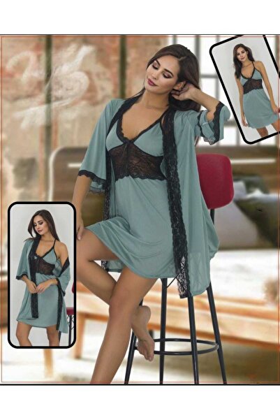 ZAVERA WOMAN Women's Lace Detailed Double Robe Set - 100% Cotton