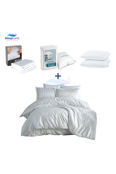 SLEEPLAND بكج مفرش فندقي لون ابيض مع طقم عازل مخدة مع عازل مرتبة مع مخدتين فن...