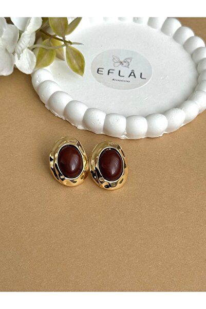 EFLAL Accessories Özel Seri Kahverengi Taşlı Oval Küpe