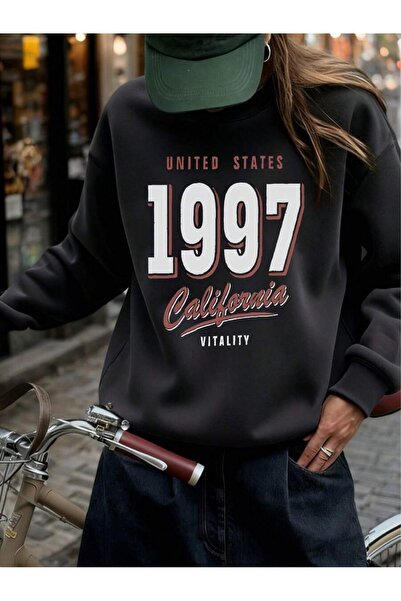 WESTİMO Women's Black United States 1997 Printed Oversized Crew Neck Sweatshirt