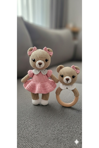 stoks toys Amigurumi Ayıcık Çıngırak Uyku Arkadaşı İkili Set