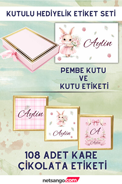 Netsan Etiket Çiçekli Tavşan Hediyelik Etiket Seti - Pembe Kutu, 108 Adet Çik...