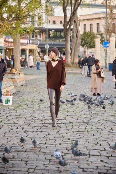 sumoda Women's Front Collar V Mock Neck Loose Balloon Sleeve Knitted Knitwear Sweater