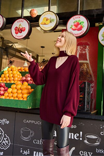 sumoda Women's Front Collar V Mock Neck Loose Balloon Sleeve Knitted Knitwear Sweater