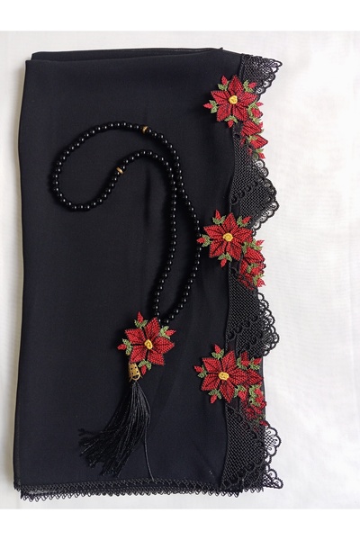 NUMİSTORE Husă de rugăciune cu cusături cu ac, culoare neagră, cu mătănii.
